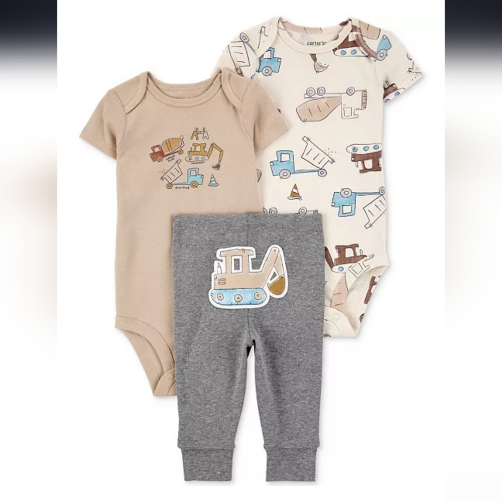 NWT Carters 3-piece Boys Outfit Set Construction Trucks, Bodysuits & Pants 18 M